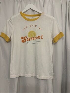 Roxy White Tee with Yellow Trim and Orange 'Sunset' Graphic